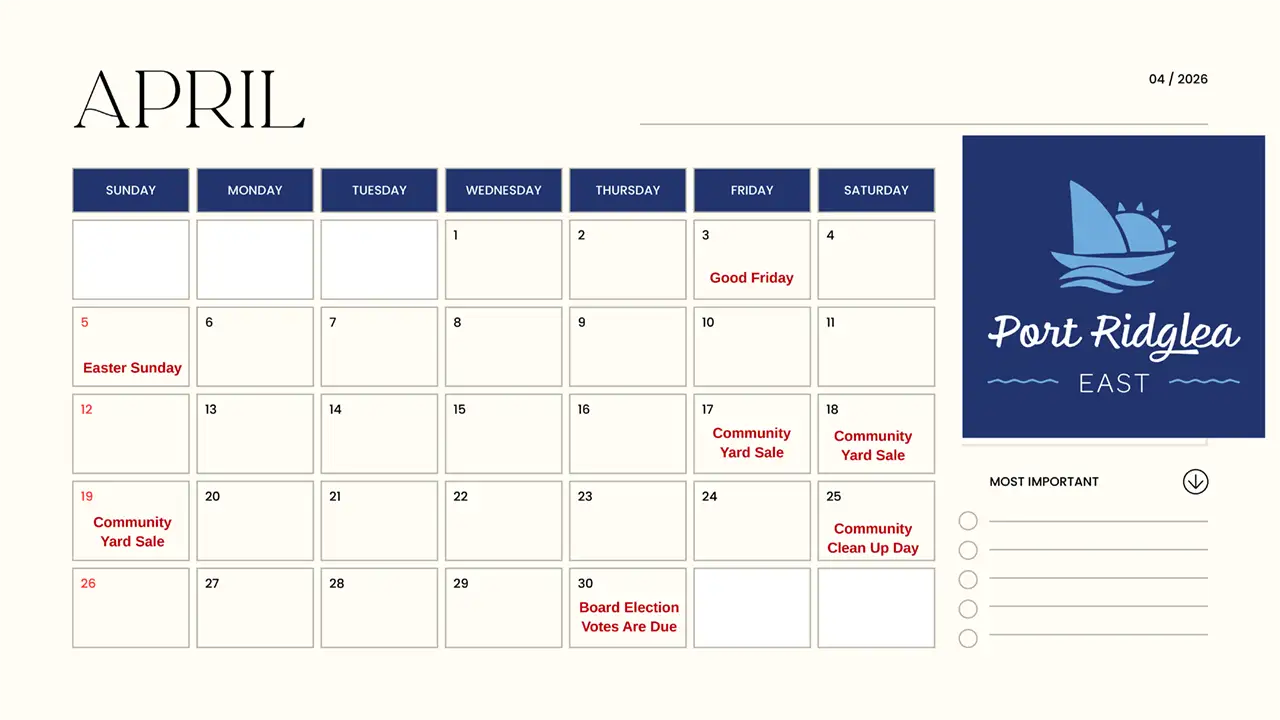 Port Ridglea East Homeowners Association Calendar