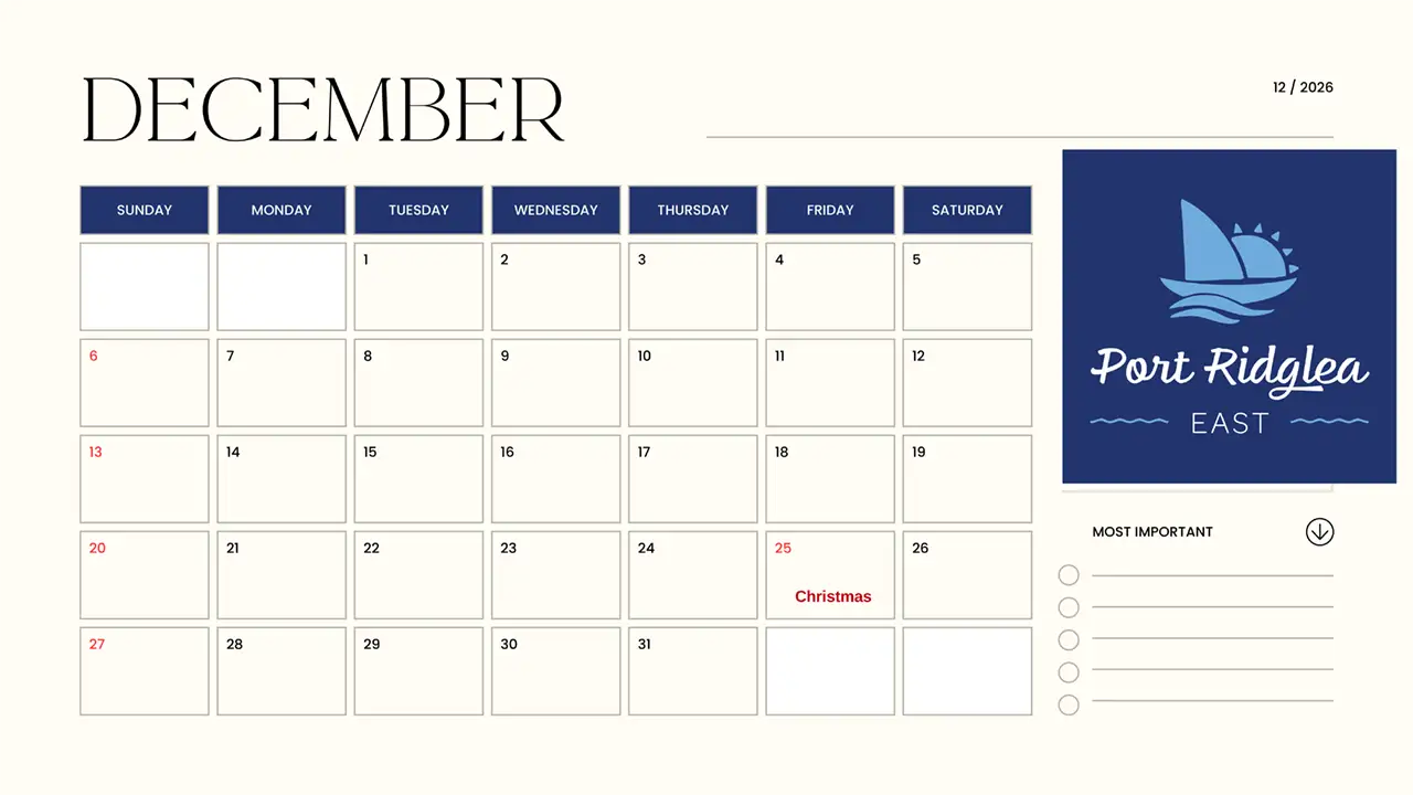 Port Ridglea East Homeowners Association Calendar