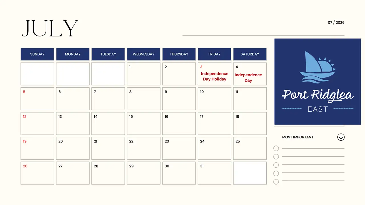 Port Ridglea East Homeowners Association Calendar