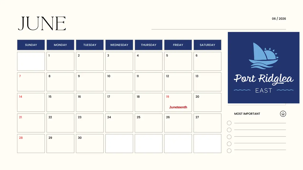 Port Ridglea East Homeowners Association Calendar